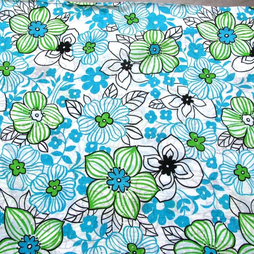Floral Cotton Fabric Blue Green & White Large Print Textured 1 7/8 yd 52” Wide
